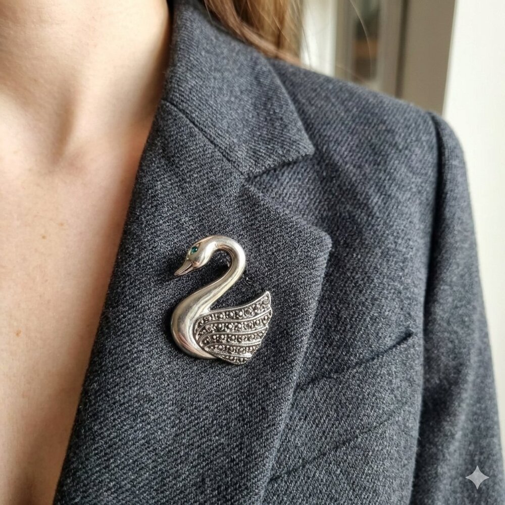 Vintage Avon "Just for Spring" Swan Brooch - Silver Tone & Faux Marcasite